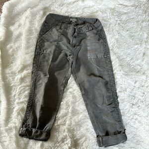 SUNDANCE Organia Lace Trim Convertible Roll Up Pants Cotton Linen Gray Womens